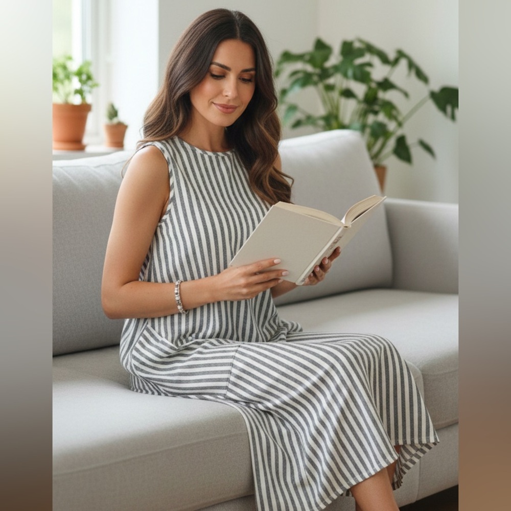 ✨102- Elegant Gray and White Striped Midi Dress